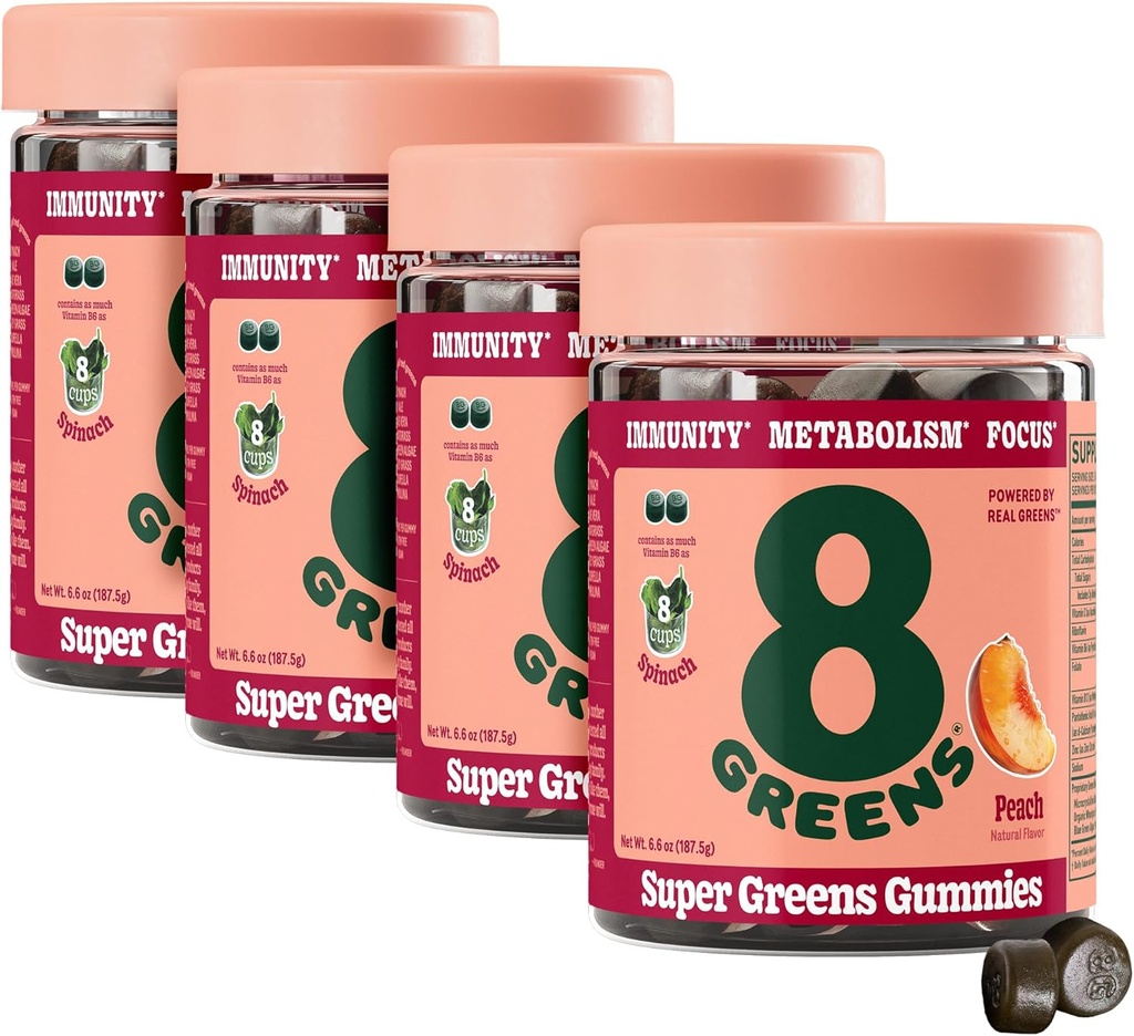 8Greens Gummies Super Greens Powder Superfood Gummy for Metabolism, Immunity & Focus, Digestive Health Enzymes, Organic: Chlorella, Spirulina, Aloe Vera, Peach Flavor, 200 Conde