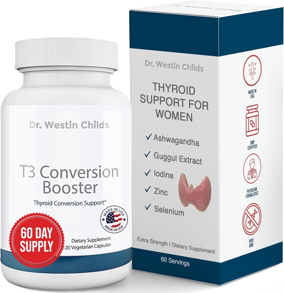 Dr. Westin Childs - T3 Conversion Booster - Thyroid Support for Women with Hypothyroidism 's - Iodine, Ashwagandha, Guggul Extract, Selenium & Zinc Complex - 60 Servings