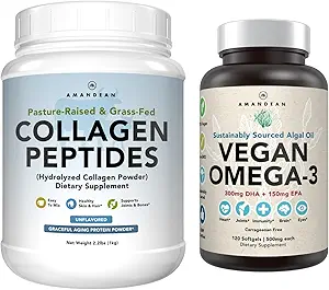 Skin &amp; Joints Bundle - Premium Vegan Omega-3 (120 cápsulas) de Algas Marinas + Peptides de Collagen Grass-Fed Colagen Powder (1kg - 100 piezas) Non-GMO. Esquía radiante, juntas, huesos " envejecimiento grato