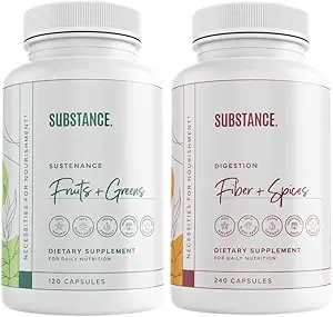 SUSTANCIA. Bundle: Sustenancia de la naturaleza Frutas y verduras diarias (120 cápsulas) + Fibra de la naturaleza (240 cápsulas) - Mejorar la salud digestiva, la energía y el bienestar general - US Made, Vegan-Friendly