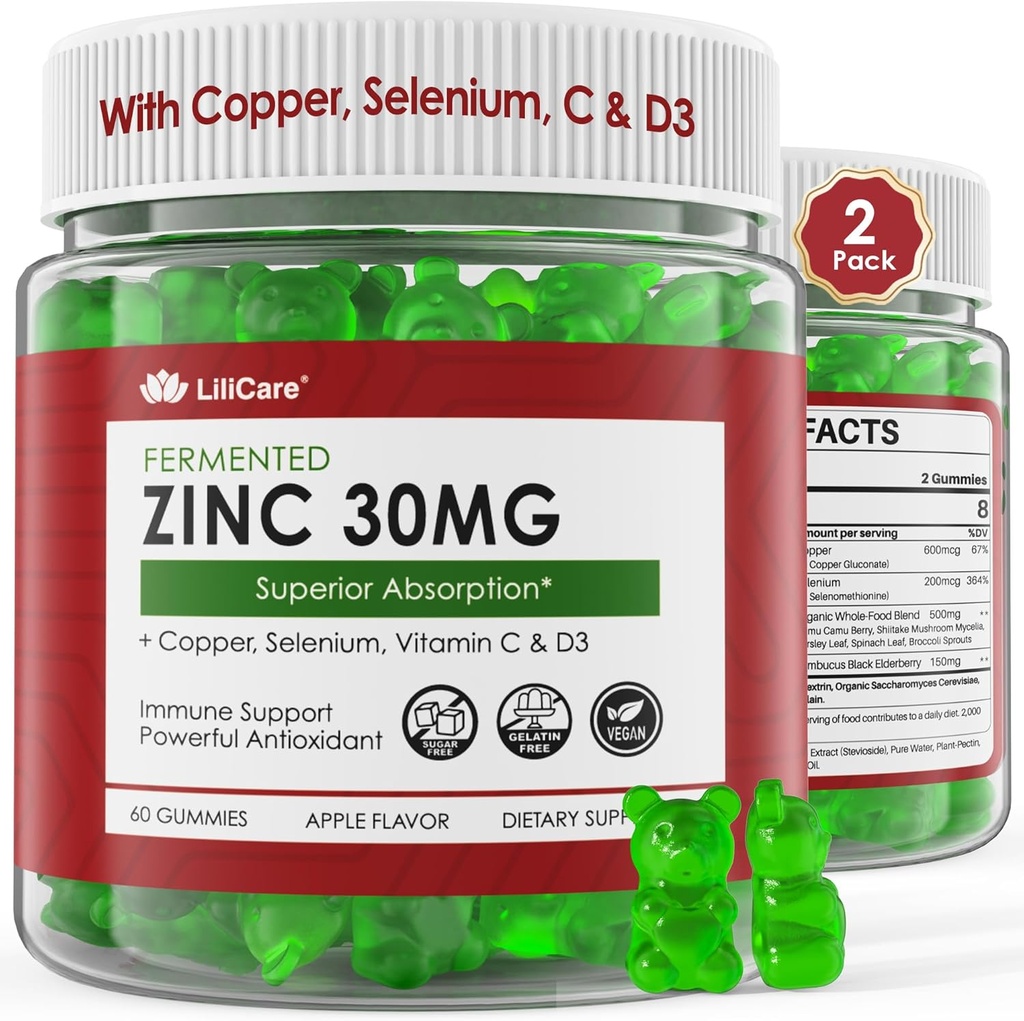 Zinc Gummies + Cobre, Selenium, Vitamina C & D3, Suplementos Zinc fermentados para Mujeres y Hombres con Elderberry para el soporte diario de inmunodeficiencia, potente antioxidante, alta absorción, Vegan, azúcar Gratis, 2 Pack
