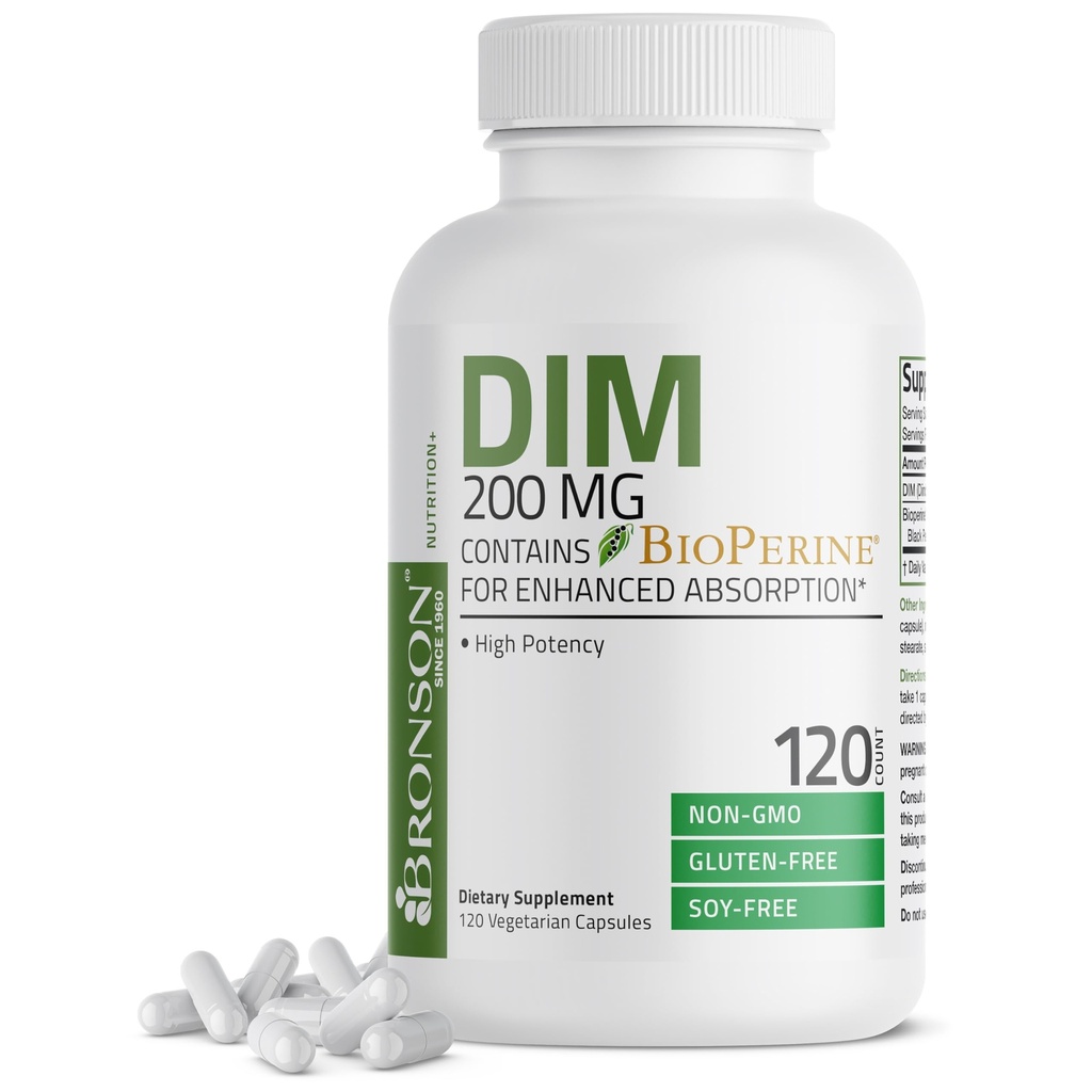 Bronson DIM Supplement 200 MG Diindolymethane with BioPerine for Enhanced Absorption, Estrogen Metabolism & Maintains Balanced Hormone Levels, 120 Vegetarian Capsules