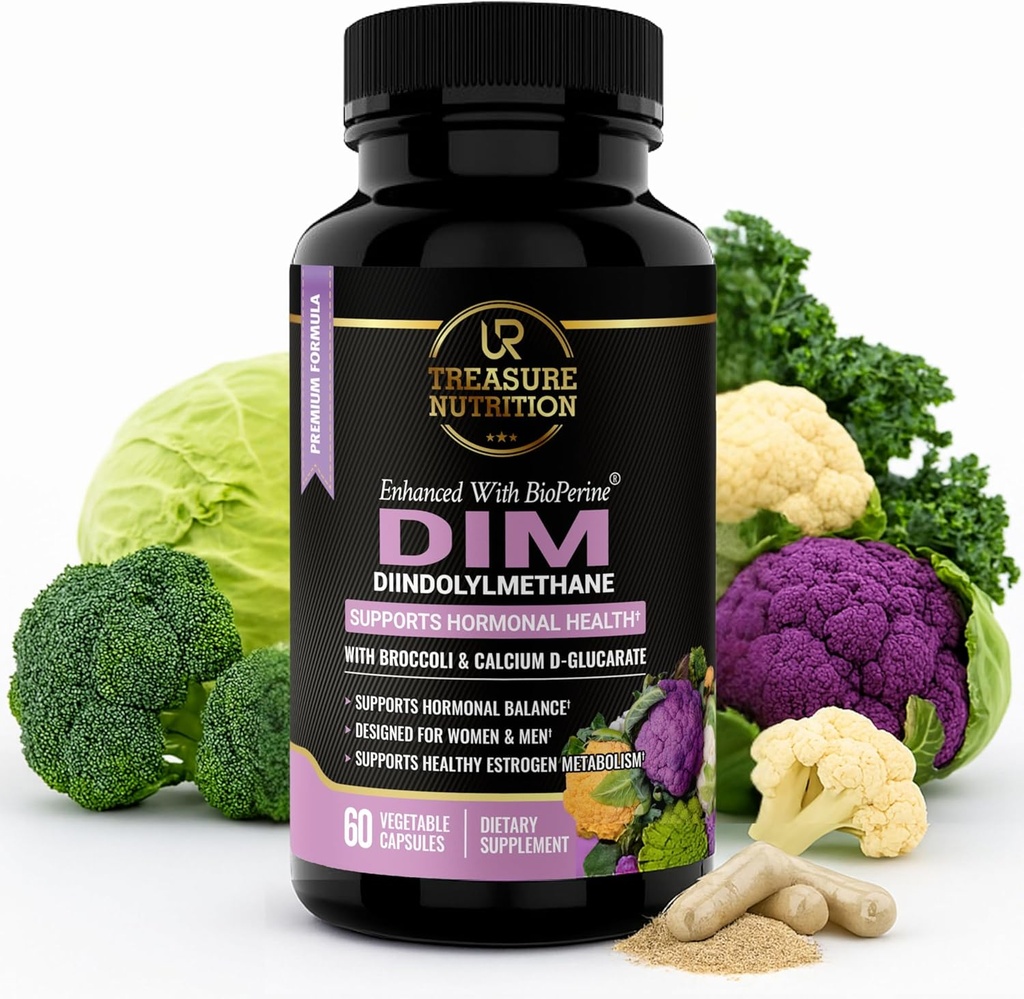 DIM Supplement with Broccoli Extract and BioPerine - Natural Hormone Balance Support for Women and Men - Estrogen Balance - Menopause, Acne - 60 Vegetarian Capsules with Calcium D-Glucarate