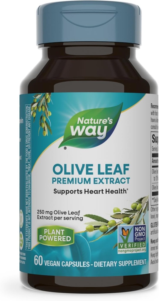 Natural Way Olive Leaf Premium Extract Suplemento, soporta la salud cardíaca*, 250 mg Por Serving, Gluten Free, Vegan, 60 cápsulas (Packaging May Vary)