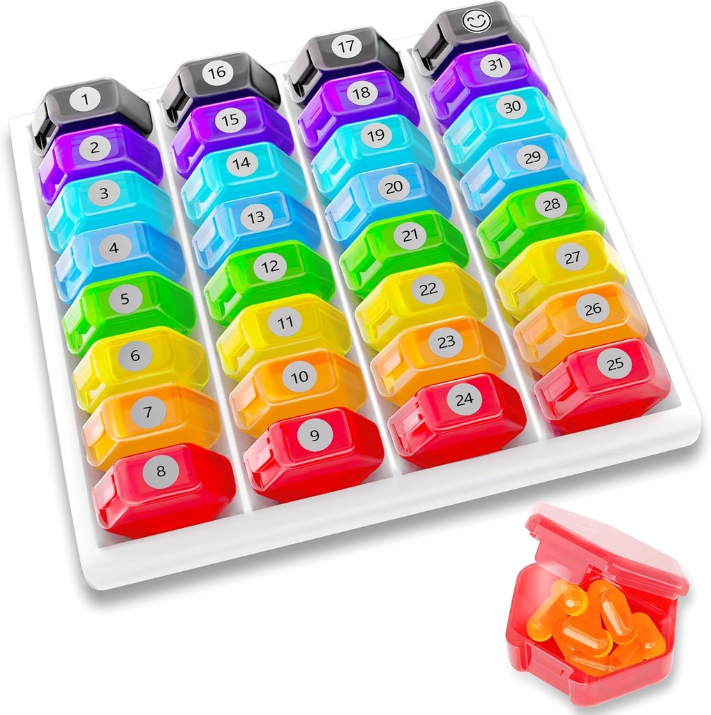 Organizador de píldoras mensuales 1-Time a-Day: 30 Day Pill Organizer with Labels, Portable Monthly Pill Box, Month Pill Holder for Vitamin, Medicine, Fish Oil, Supplements