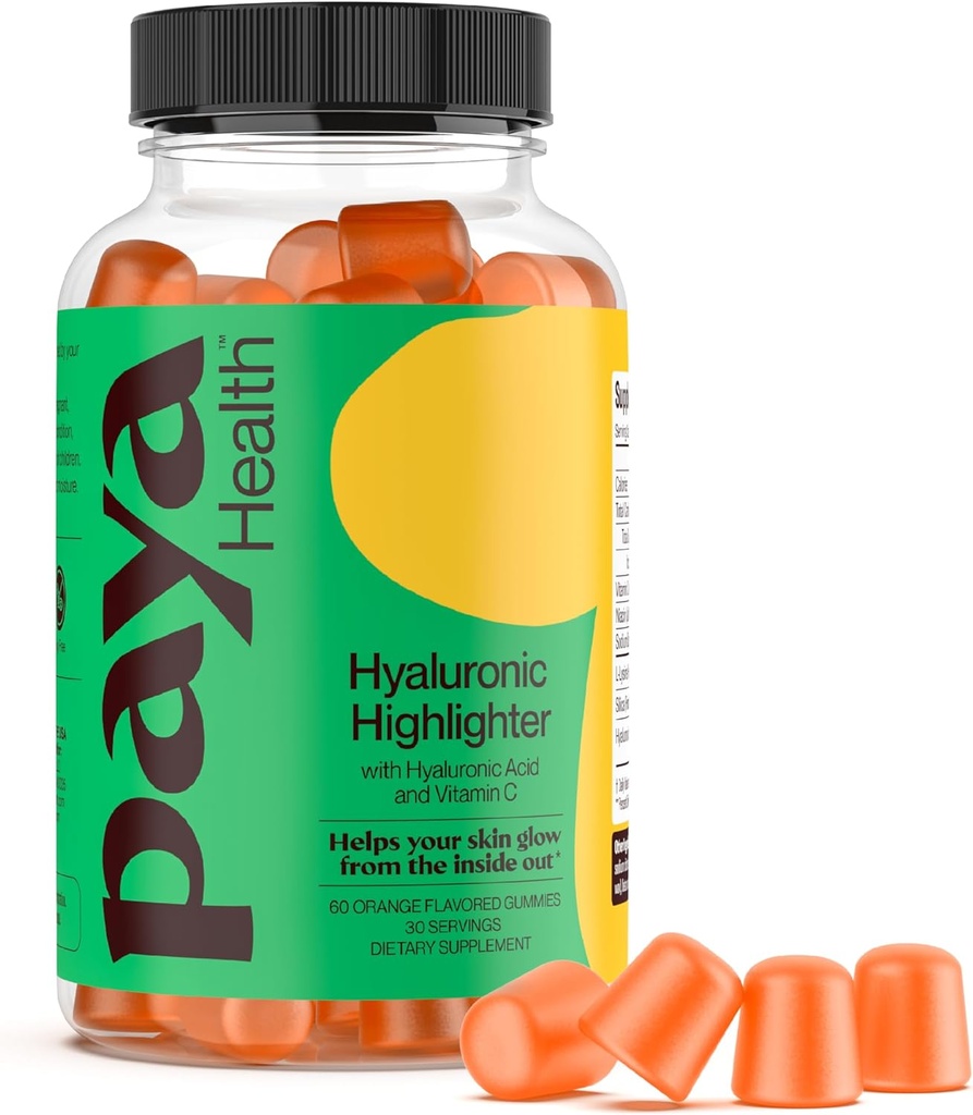 Hydrating Hyaluronic Highlighter Skincare Gummies ← Soportes Brighter, Dewy, Plump Skin ¦ Vegan Hyaluronic Acid &amp; Vitamin C Supplement ← Non-GMO, Gelatin-Free, Orange Flavor, 30-Day Supply