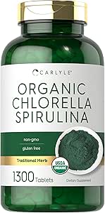 Carlyle Organic Chlorella Spirulina Tablets Silencio 1300 Cuenta Silencio 50/50 Blend Silencio No GMO y Gluten Suplemento gratuito