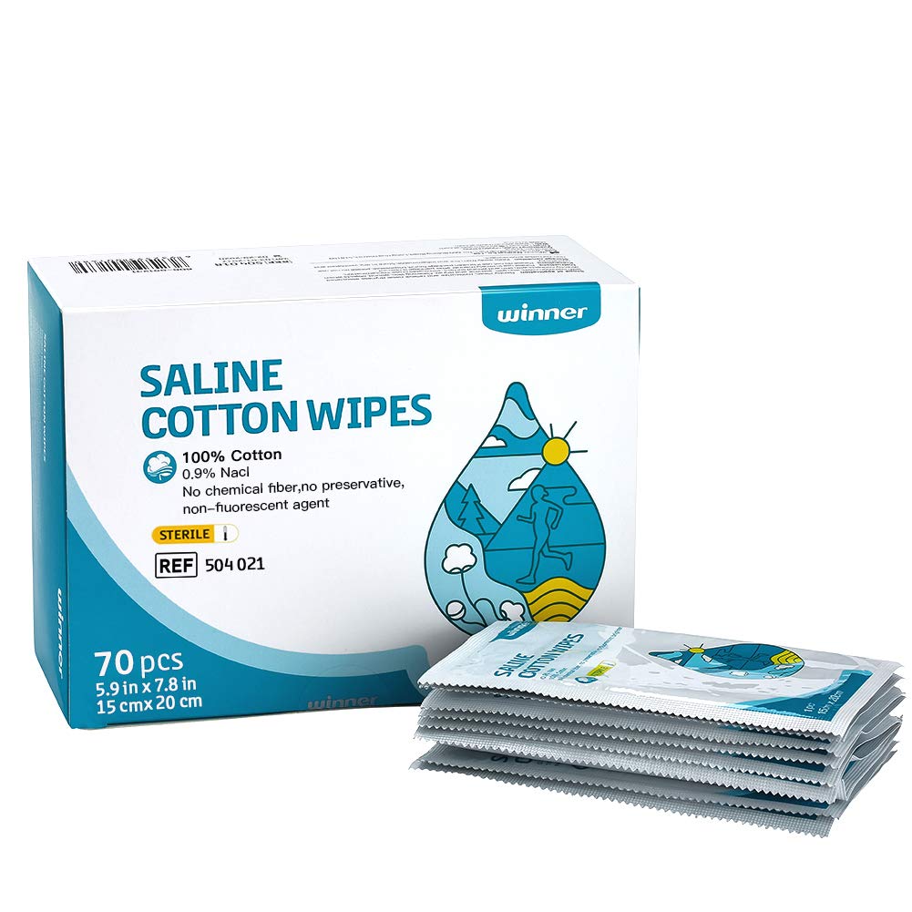 Ganador Sterile Saline Wipes, 6" x 8" Grandes Wipes de cuidado personal, suaves Pads Saline para Piercings, Multi-Purpose para Sensitive Eyes and Face, individualmente Wrapped, 70 Conde