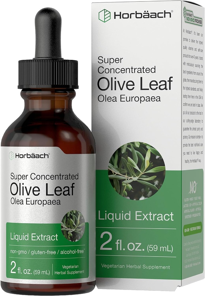 Horbäach Olive Leaf Extracto Líquido TENIDO 2 fl oz ANTE Super Strength ← Alcohol Gratis, Vegetariano, No GMO, Gluten Gratis
