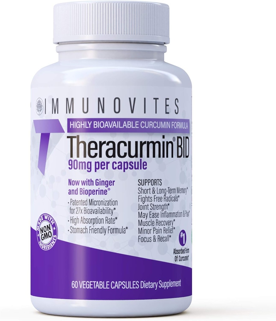 IMMUNOVITES Theracurmin BID 300mg (Nano Curcumin 90mg per Cap.) [[600mg per Serving]]]] - Ahora w/Ginger " Bioperine (60ct Bottle)