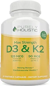 Vitamina puramente Holística D3 125mcg y Vitamina K2 90mcg MK7-4 Mes Oferta 150 cápsulas vegetarianas - Vitamina D3 & K2 Menaqunione - Cholecalciferol de alta resistencia Hecho en los EE.UU.