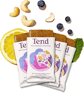 Tend Daily Best Prenatal Vitamin Bar, Made with Organic Ingredients for Pregnant & Postpartum Mothers, Incluye DHA, Vitamina D, B, Choline, Folate - Lemon Berry (4ct)