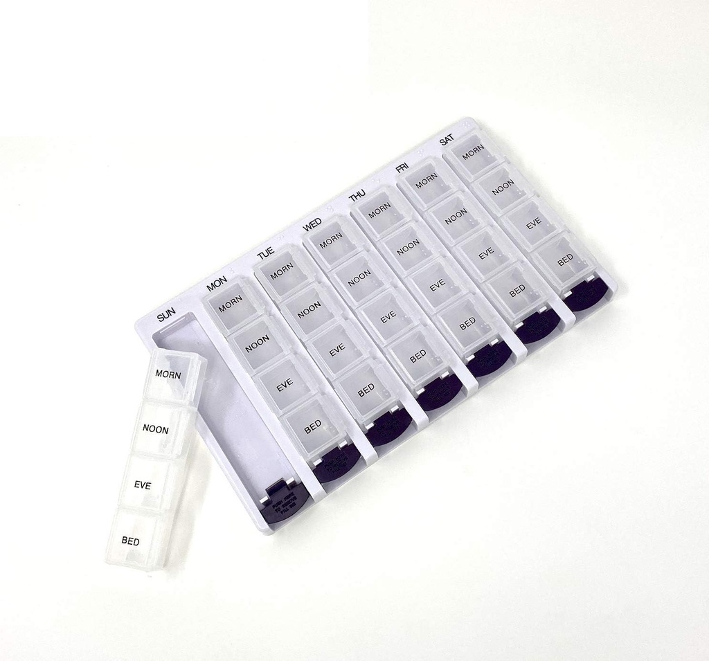 Caja semanal AM/PM Pill Box Portable Travel Prescription &amp; Medication Pill Case Organizer by P plagaP MEDICAL SURGICAL (7-Day / 4-Times-A-Day) with Removable Compartments and Moisture-Proof Design