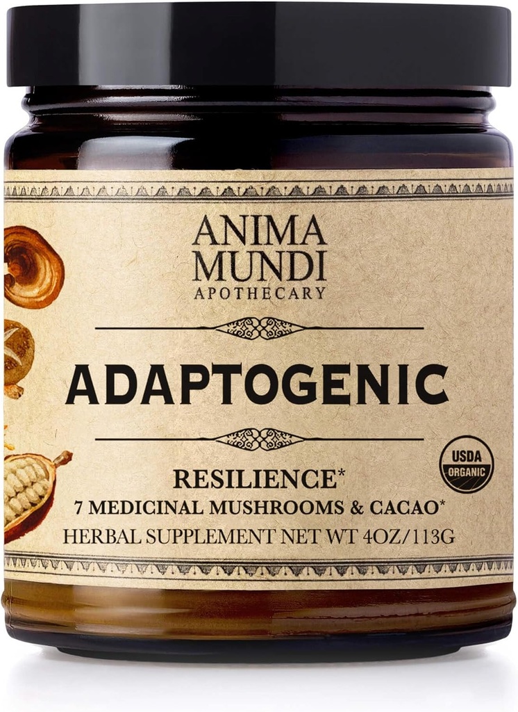 Anima Mundi Apothecary Organic Mushroom Supplement - Adaptogenic Mushrooms + Cacao - Uplifting Powder with Organic Lion's Mane, Shiitake, Chaga &amp; Más - Add to Coffee, Tea &amp; Smoothies (4oz / 113g)