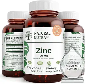 Natural Nutra Zinc Gluconate 50mg Supplement for Immune Support, Promotes Skin Health, Provides Ease From Flu & Cold, Boost Learning & Memory, Enhance Taste & Smell, Gluten Free 50mg 100 Vegan Tablets