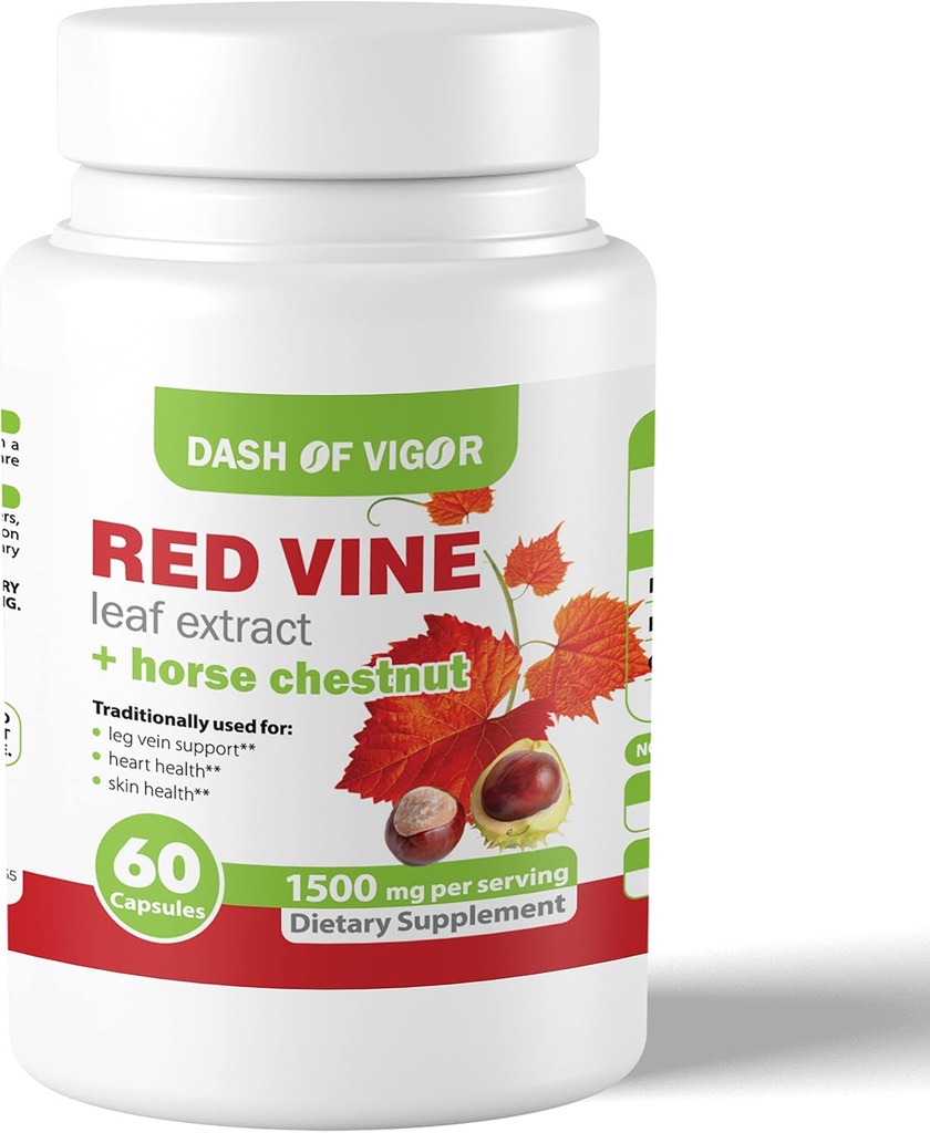 Extracto de hoja de viña roja de Vigor (Vitis Vinifera) y extracto de castaña de caballo, Extracto de la viña roja para la piel sana, las venas de la pierna, la circulación y el corazón, 1500 mg, 60 cápsulas