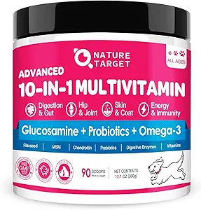 NATURE TARGET Dog Vitamins Powder, Probiotics & Digestive Enzymes for Gut Health, Glucosamine " Chondroitin " Omega 3, Suplemento completo para Homemade Dog Food, Joint " Skin " Immune Support