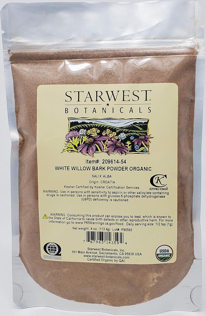 Botánicos de Starwest Pólvora de sauce blanco orgánico, 4 onzas