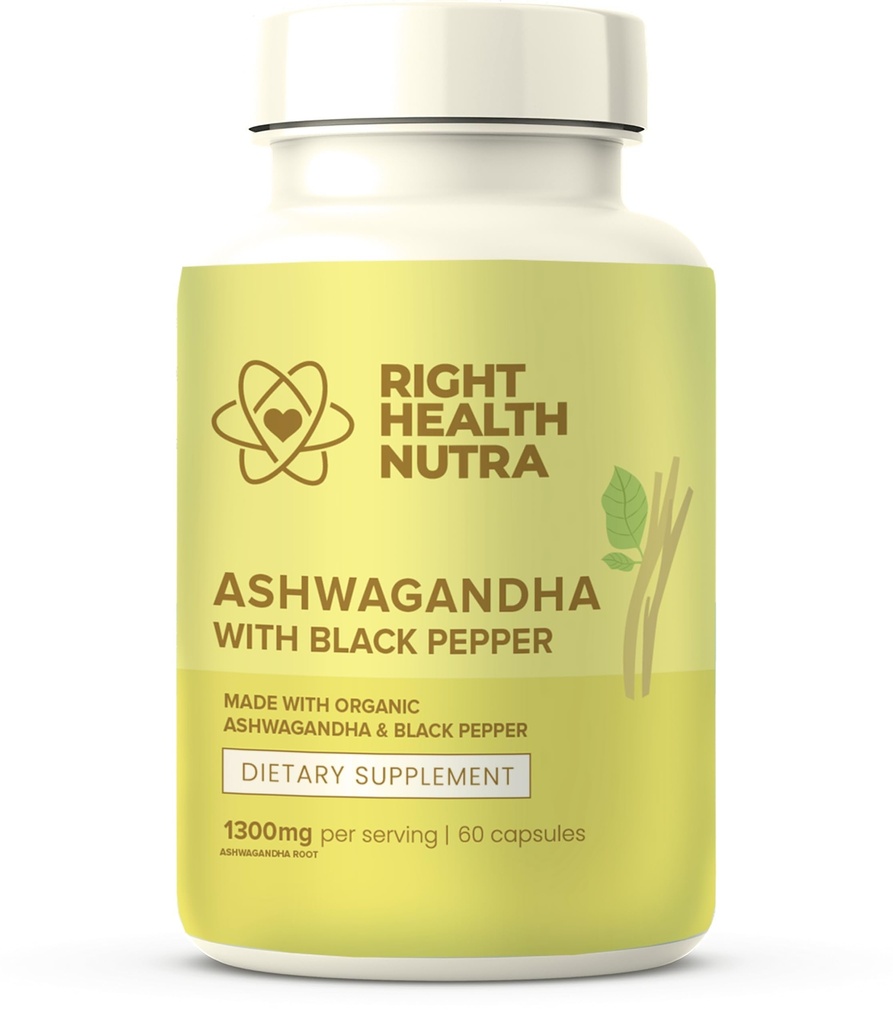Right Health Nutra Ashwagandha Capsules - 60 Cuenta - 1300mg Por Serving - Ashwagandha para Hombres y Mujeres con Pepper Negro para la Absorción Máxima - Suplementos hechos en los EE.UU.