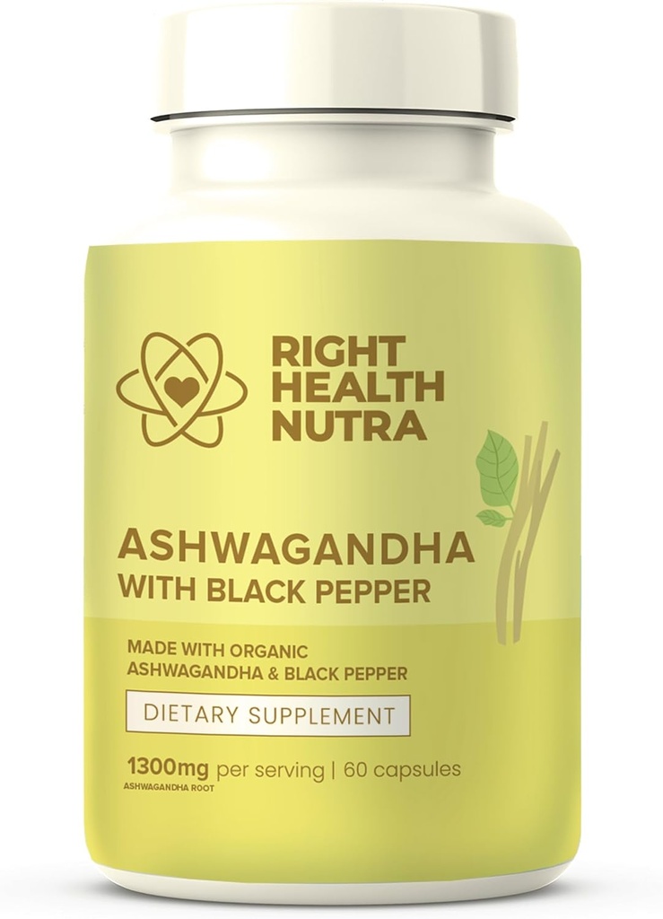 Right Health Nutra Ashwagandha Capsules - 60 Cuenta - 1300mg Por Serving - Ashwagandha para Hombres y Mujeres con Pepper Negro para la Absorción Máxima - Suplementos hechos en los EE.UU.