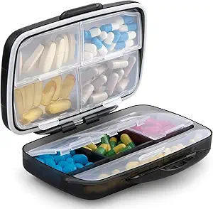 Organizador de píldoras de viaje Gran Medicación portátil Fullicon sobre el tamaño 8 caja de píldoras departamento, caja de vitaminas de caja de carga - Airtight &amp; Moistureproof (Negro)