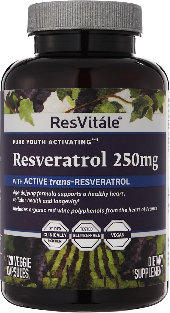 ResVitale Resveratrol 250 mg - Suplemento de Resveratrol para Hombres y Mujeres - 120 cápsulas vegetales