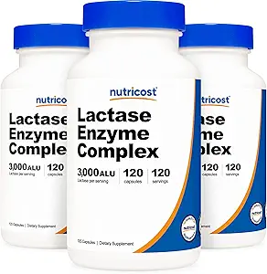 Complejo Nutricost Lactase Enzyme 3000 FCC ALU, 120 Veggie Capsules - Non-GMO, Gluten Free, 120 Servings (3 Bottles)