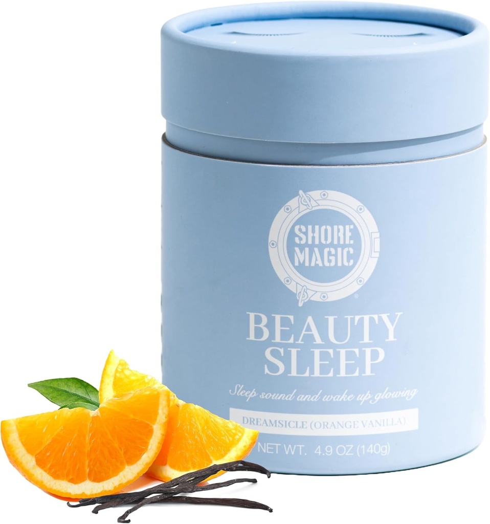 Shore Magic Beauty Sleep with Premium Marine Collagen – Hydrolyzed Tipo I-IV Peptides with Magnesium & L-Theanine, Promotes Relaxation & Restful Sleep, Orange-Vanilla Flavor, Sugar-Free,Melatonin-Free
