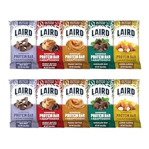 Barras de Proteína Funcional Superfood Laird – Bar Proteína Proteína pero Mejor con Ingredientes Reales, Mushrooms Funcionales 10g Proteína de Base Planta, 6g Fibra - No GMO - 5 Paquete de Sabor Variedad, 10 Conde (Pack of 1)