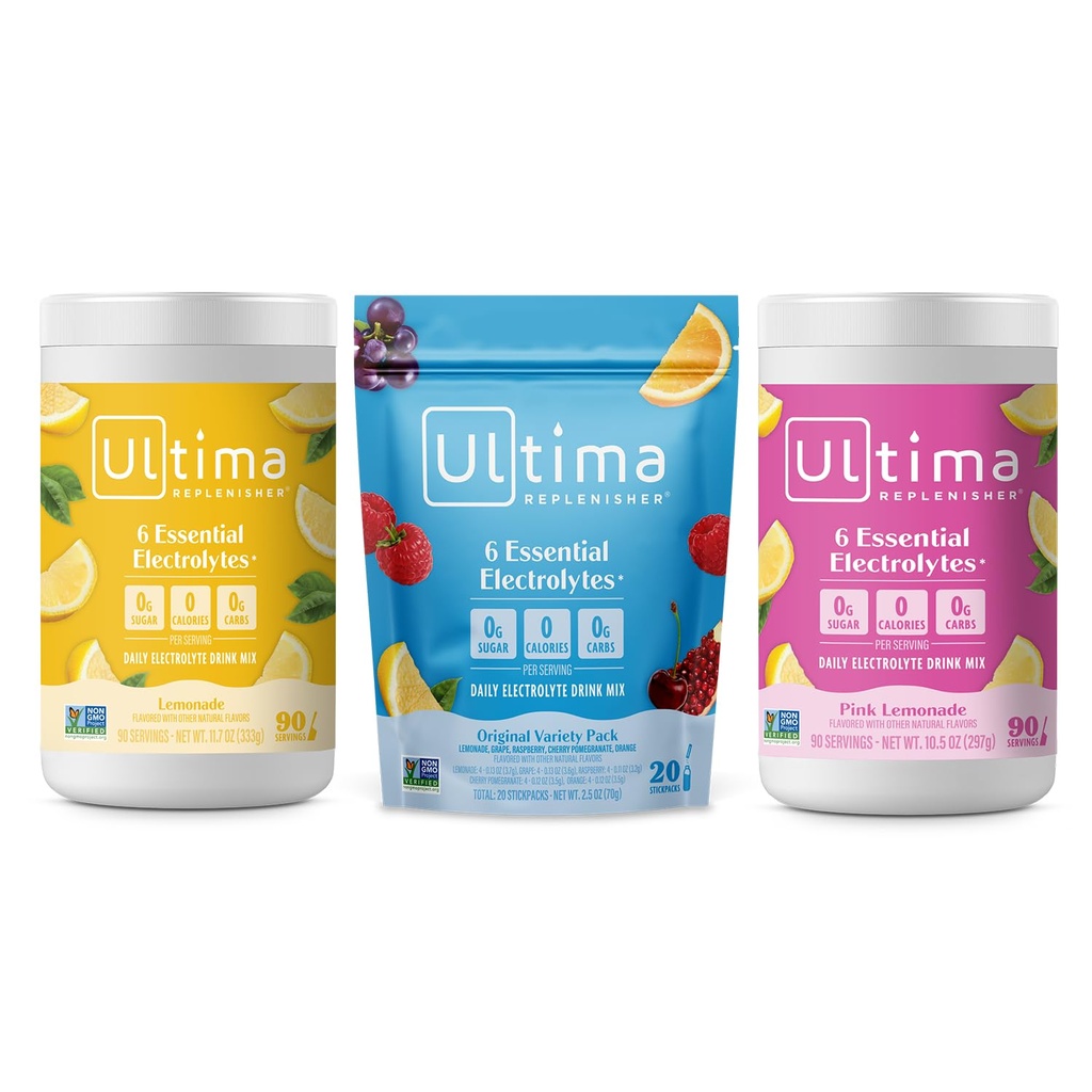Ultima Replenisher Electrolyte Powder Drink Mix Bundle – Sugar Free – Lemonade, Pink Lemonade, Variety-90 Servings, 20 Stickpacks – 6 Electrolytes and Minerals – Keto Friendly, Vegan, Non-GMO