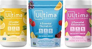 Ultima Replenisher Electrolyte Powder Drink Mix Bundle – Sugar Free – Lemonade, Pink Lemonade, Variety-90 Servings, 20 Stickpacks – 6 Electrolytes and Minerals – Keto Friendly, Vegan, Non-GMO