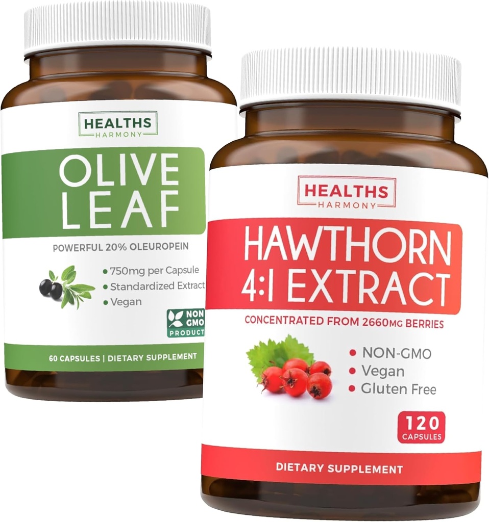 Bundle of Olive Leaf Extract " Hawthorn Berry Extarct - Healthy Herbs Bundle - Olive Leaf Extract with 20% Oleuropein " Hawthorn Berry 4:1 Extract - Concentrated from 2660mg Fresh Berries (120 Caps)