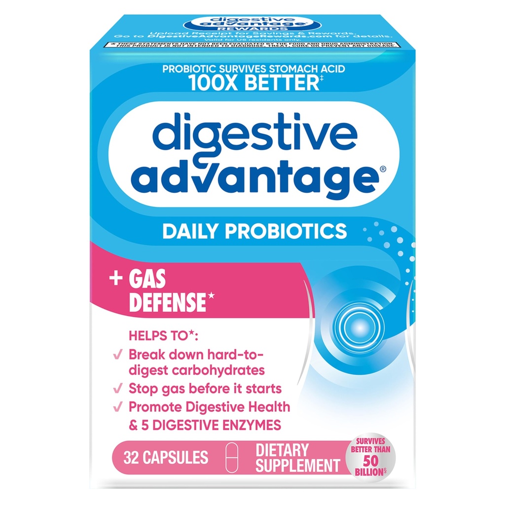 Digestive Enzyme and Probiotic Capsule- Digestive Advantage 32 Capsules, Supervives 100x Mejor que regular 50 mil millones de CFU, Descomponer la comida, ayuda a prevenir el gas