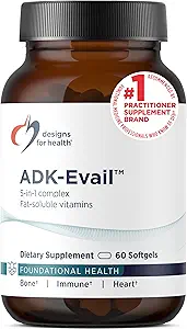 Diseños para la salud ADK Evail - 5000 IU VIT D3 con vitaminas A, E (Annatto Gamma Delta Tocotrienols), K (K1 + K2) - Complejo de vitamina D soluble en grasa - Bono + Soporte inmunológico - Non-GMO (60 Softgels)