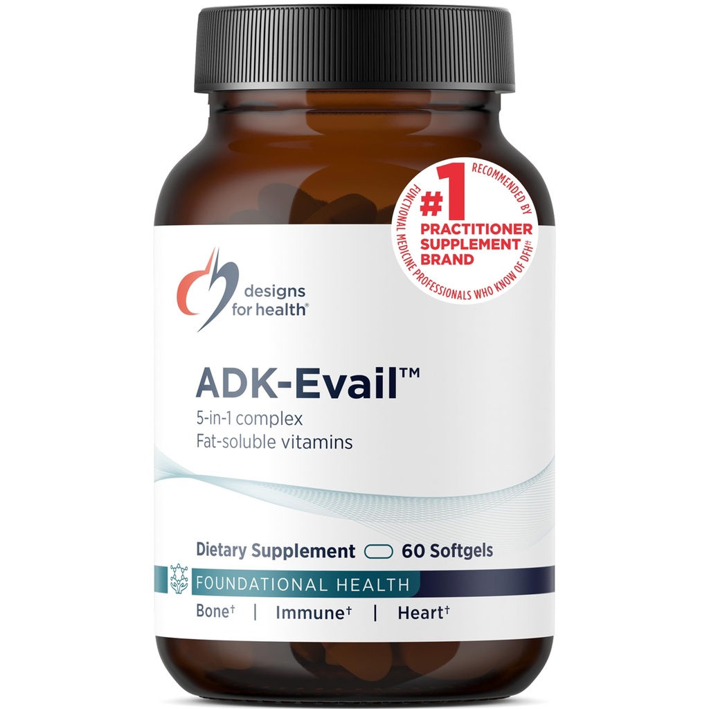 Diseños para la salud ADK Evail - 5000 IU VIT D3 con vitaminas A, E (Annatto Gamma Delta Tocotrienols), K (K1 + K2) - Complejo de vitamina D soluble en grasa - Bono + Soporte inmunológico - Non-GMO (60 Softgels)
