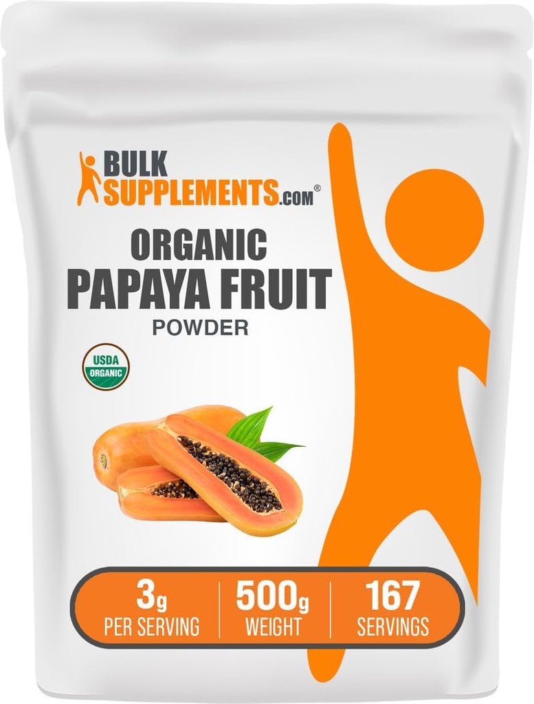 BulkSupplements.com Polvo de Fruta Papaya Orgánica - Polvo Saborante, Fuente de Carica Papaya Fruit - Gluten Free, 3g por Serving, 500g (1.1 lbs) (Pack of 1)