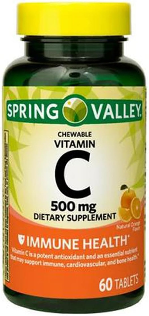 Vitamin C Immune Health Dietary Supplement Chewable Tablets, Orange, 500 mg, 60 Count