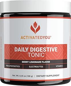 ACTIVATEDYOU Daily Digestive Tonic Kombucha - Support Healthy Digestion & Youthful, Long-Lasting Energy- Prebiotic Fiber, Probiotics, Postbiotics, Vitamina C, Berry Lemonade Flavor (30 Servings)