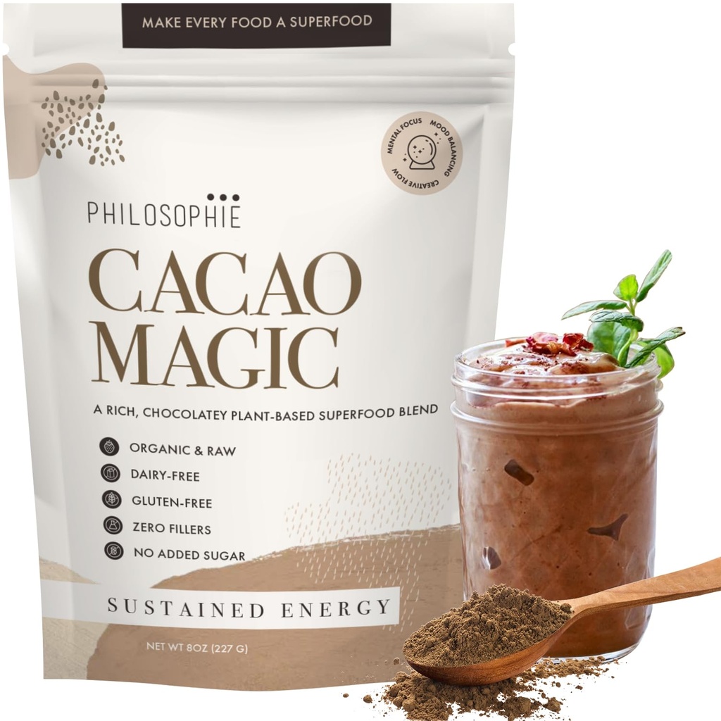 Filosofía Orgánica Cacao Magic Superfood Blend – Polvo Proteína de base vegetal con Cacao crudo, Reishi Mushroom &amp; Maca Root – Suplemento de Chocolate Vegano sin mancha, 32 Servimientos