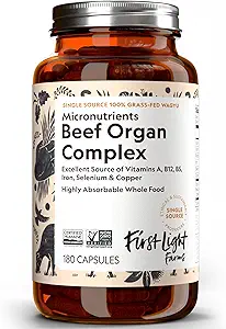 First Light Farms Freeze-Dried Wagyu Beef Organ Suplemento Grass-Fed  180 Capsules ← Alimentos integrales Nutrición con hígado, corazón, riñón " Spleen ← Beef Organ Complex, Certified Humane