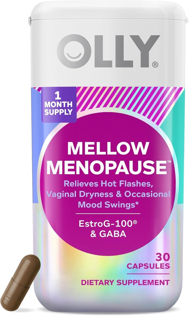 OLLY Mellow Menopause Supplements for Women, Supports Hot Flashes, Vaginal Dryness & Occasional Mood Swings,* Estro-G100®, GABA, Vegan Capsules, 1 Month Supply - 30 Count