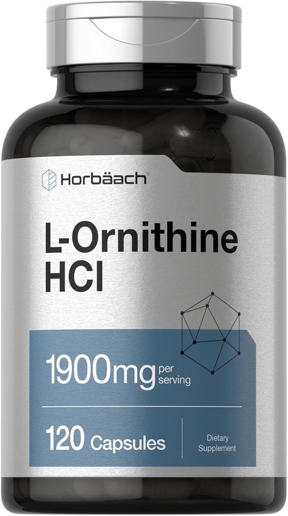 Horbäach L Ornithine HCl Silencio 1900mg Silencio 120 Capsules Silencio No GMO &amp; Gluten Suplemento gratuito
