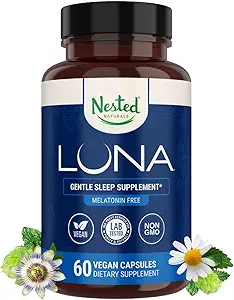 Naturales anidados Luna Suplemento de sueño, Melatonina Gratuita, No-Habit que forma suplemento de sueño herbal, Asistencia para adultos en tiempo de cama, Ayuda a dormir w/Chamomile, Valerian, L-Theanine, 60 cápsulas Vegan