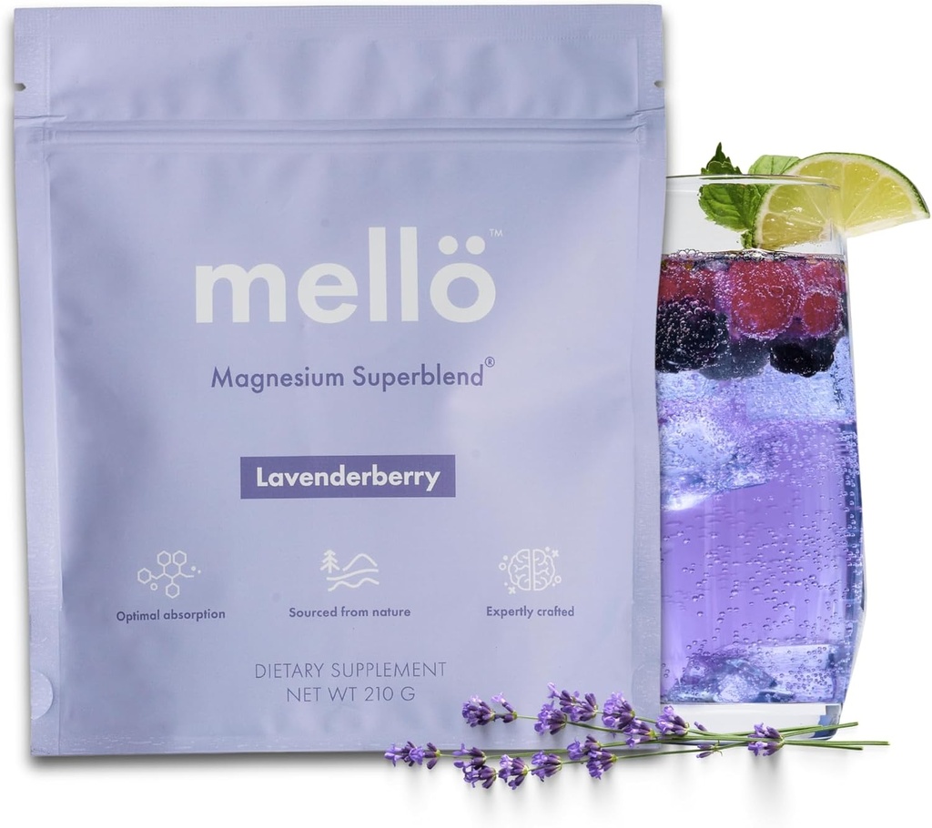 mellö Magnesium Supplement Superblend Powder - Magnesium Glycinate with L-Theanine, GABA, and 70 Trace Minerals - Supports Sleep, Relax, Balanced Energy - Lavenderberry Flavor, 30 Servings