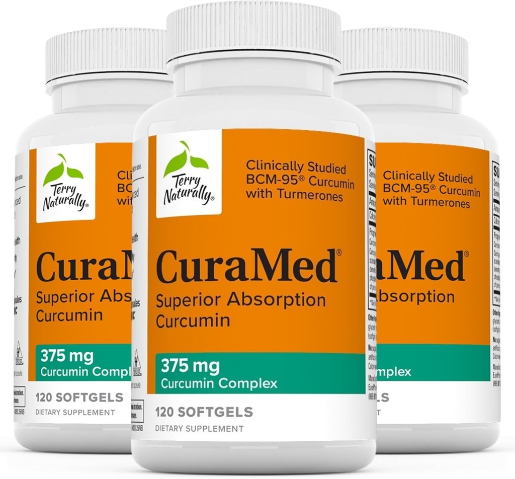 Terry Naturalmente CuraMed 375mg - Suplemento Antioxidante para la Salud Cerebro &amp; Inmuno Apoyo - Suplemento dietético con Curcumina & Turmérico Aceite Esencial - Herbal Liver Support - 120 Softgels (Pack of 3)