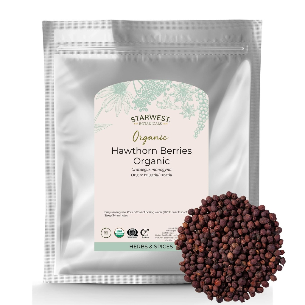 Starwest Botanicals Organic Hawthorn Berries Whole - Dried Loose Leaf Herb for Tea, Jam, " Herbal Extracts, Natural Digestion Support, Certified Kosher, Non-GMO - Bulk 1 lb Bag
