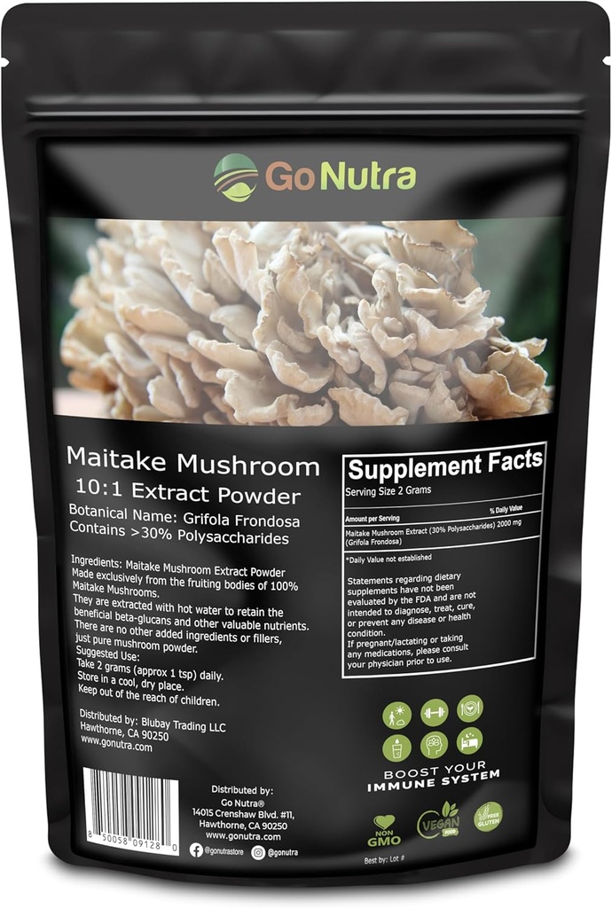 Go Nutra Maitake Mushroom Extract Powder 8 oz ← 10:1 Extracto Fuerza Silencioso Suplemento 30% Polysaccharides ← Maitake Powder King of Mushrooms  8 Ounce