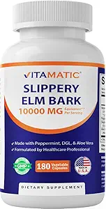Vitamatic Slippery Elm Bark 10000 mg Equivalente por Serving (a partir de 20:1 Extracto 500 mg), Hecho con menta, DGL, " Aloe Vera - 180 Veg Capsules, y Concentrado 20X Potency
