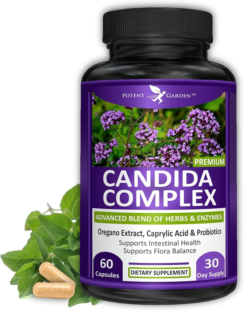 Complejo Potent Garden Candida - Oregano y Ácido Cáliz, Complejo Gut Flora Balance, Salud Intestinal &amp; Apoyo Inmunitario con Herbs &amp; Probióticos, Suplementos Gut Health para Mujeres &amp; Hombres 60 Con