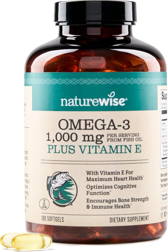 NatureWise Extra-Strength Omega 3 Fish Oil Suplemento - 1000mg por Serving - 600 EPA &amp; 400 DHA y Vitamina E - Apoyo para la salud del corazón y del cerebro - Lemon Flavor, GMO-Free - 180 Softgels[3-Month Supply]
